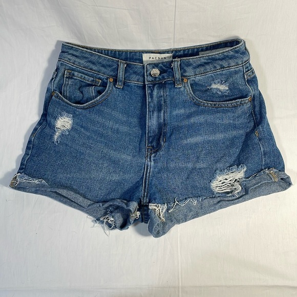 Pacsun Medium Wash Mom Short Jean Shorts Size 27 High Rise Distressed Cuffed - Picture 1 of 7